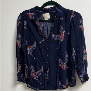 Anthropologie Maeve Navy Blue Mosaic Bird Print Button Down 3/4 Sleeve Shirt XS